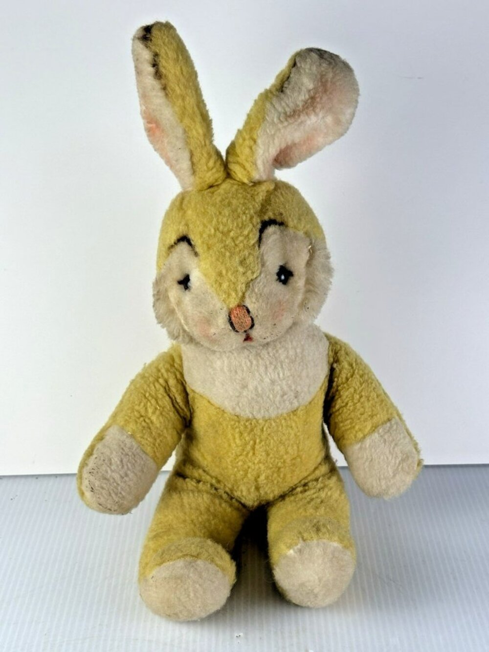 Vintage Gold Plush Bunny Rabbit 14" Stitched Painted Face Felt Paws Long Ears